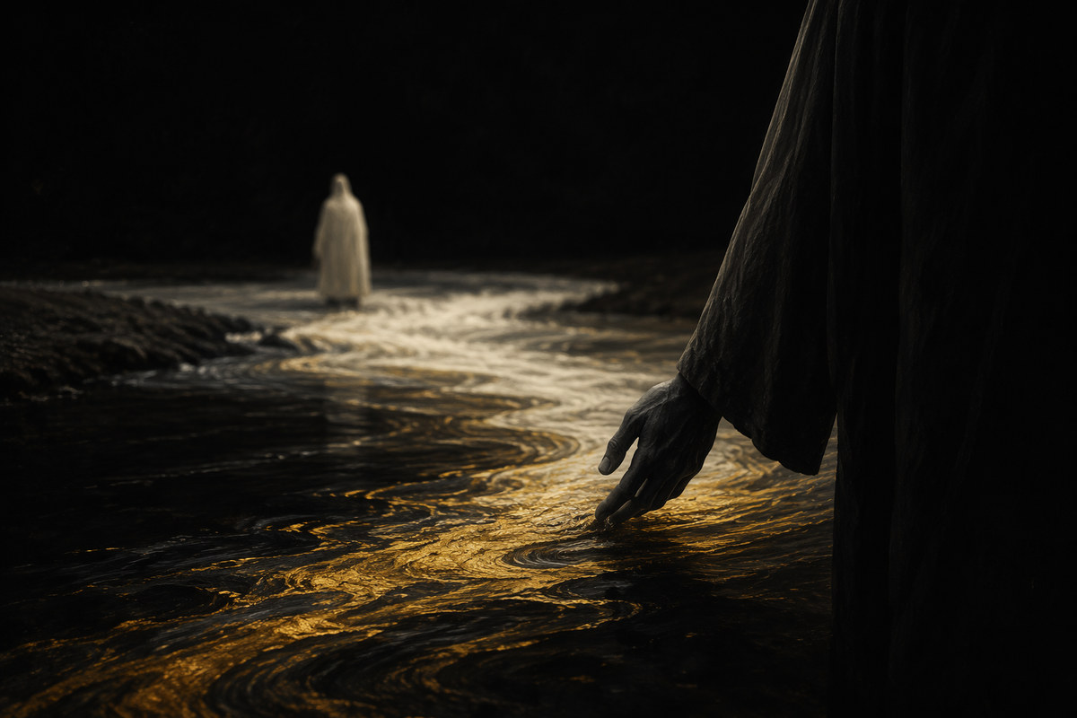 Leave that woman at the edge of the river: a river in the style of a symbol - crossing and letting go, carrying nothing forward